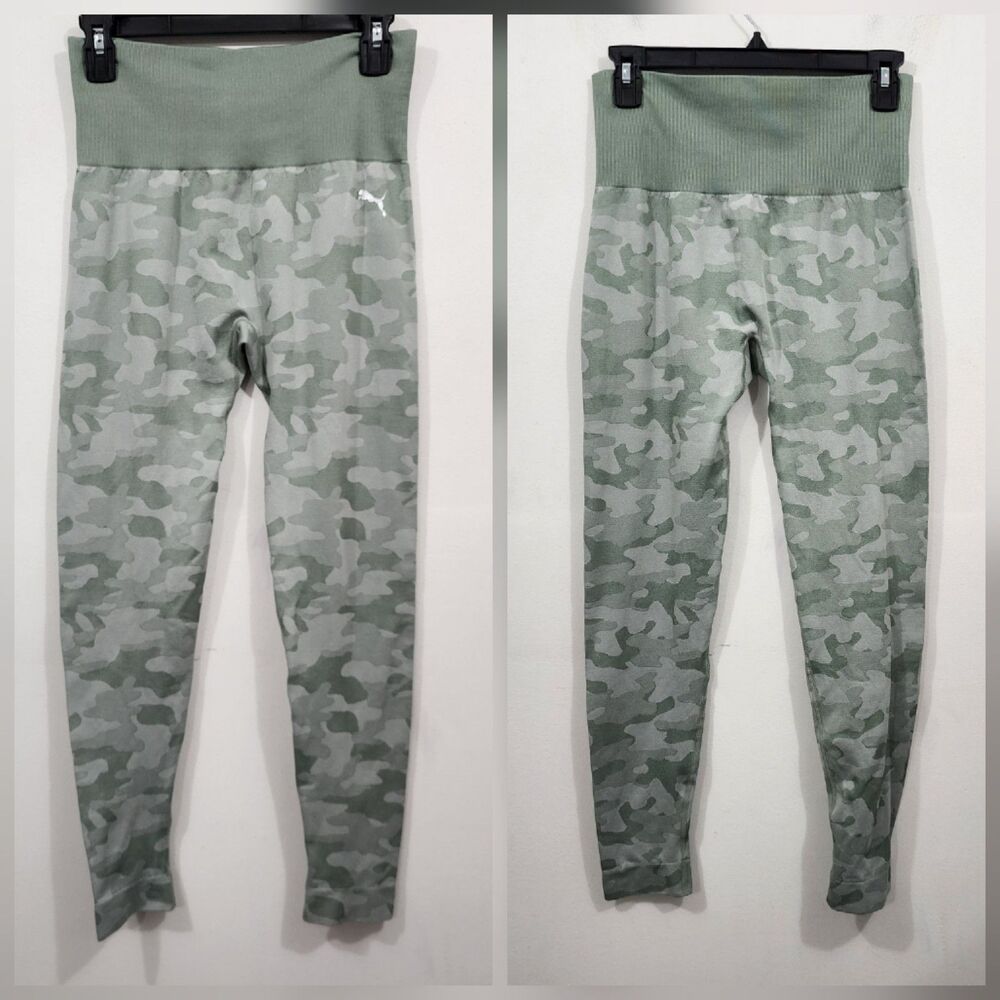 PUMA high-waisted seamless camo leggings sage green colorway Womens L Yoga
